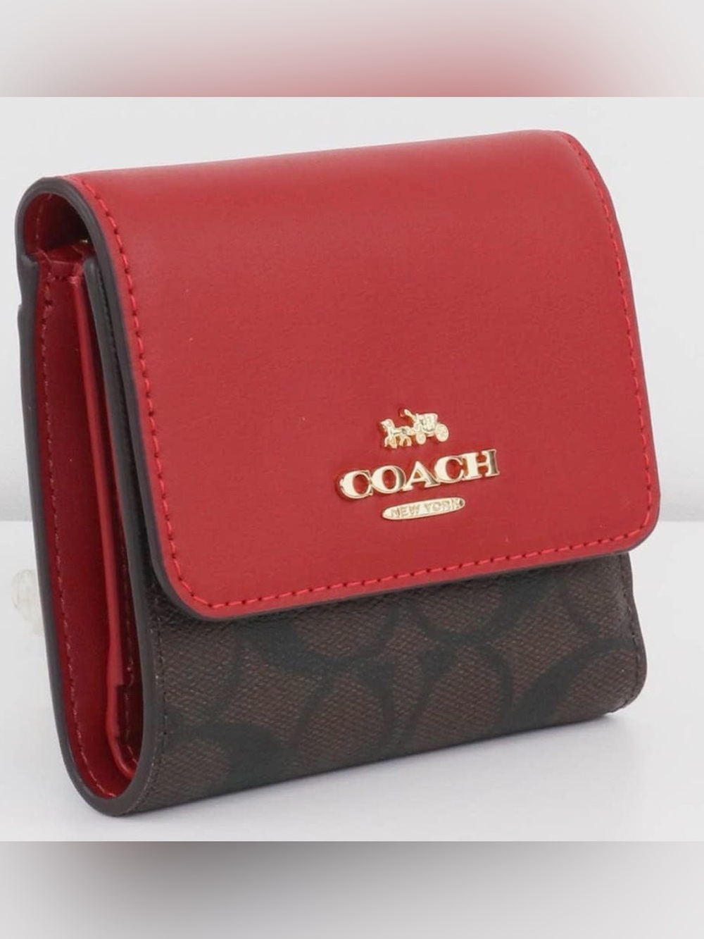Coach SMALL TRIFOLD WALLET IN RED BLOCKED SIGNATURE CANVAS